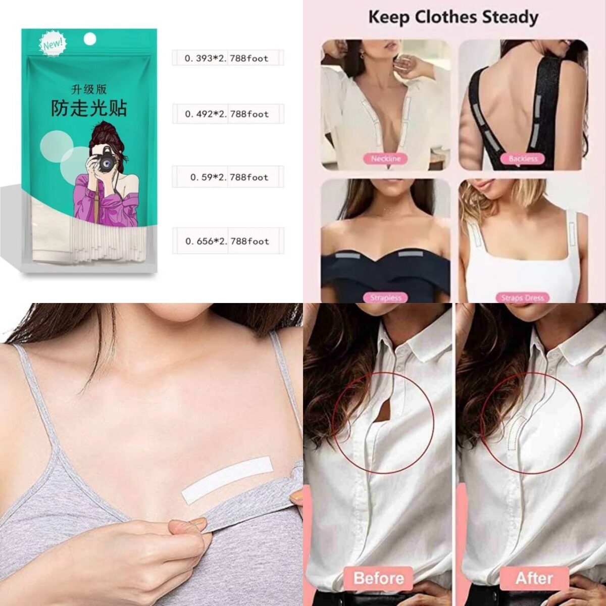 The 36 Strip Women Fashion Tape is a double-sided adhesive tape designed for securing clothing and preventing wardrobe malfunctions. With 36 individual strips, this fashion tape is versatile and ideal for various outfits. It is discreet, hypoallergenic, and often skin-friendly, providing a reliable solution for keeping garments in place on the body. This tape is commonly used for securing necklines, hemlines, or preventing gaps between buttons, offering a quick and temporary fix for a polished and confident appearance.